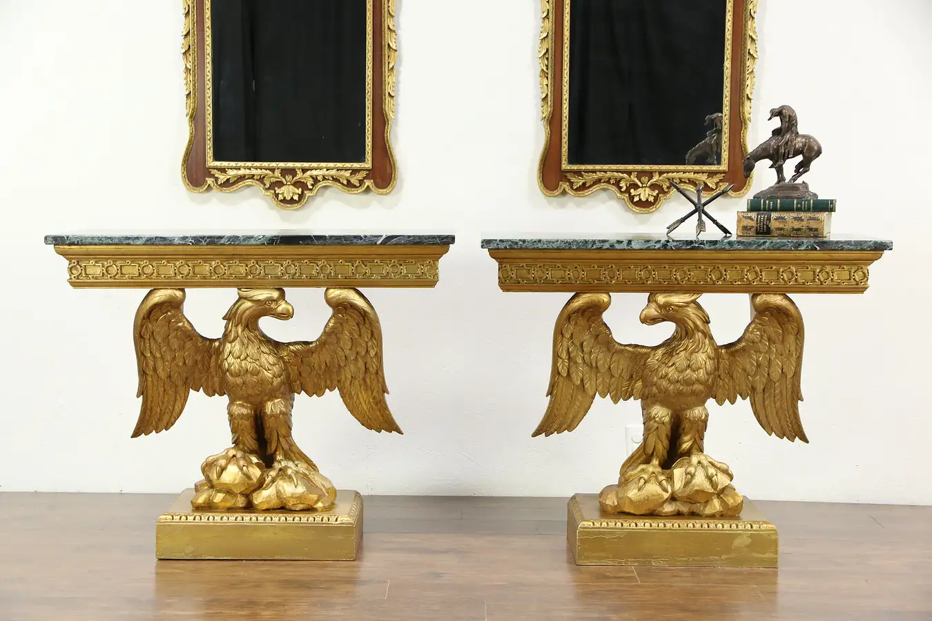 Main image of Pair of Classical Marble Top Carved Eagle Vintage Hall Console Tables, Italy