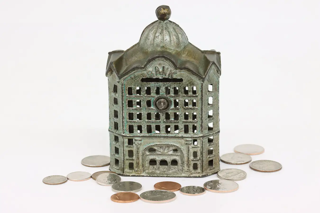 Main image of Victorian Antique Cast Iron "Bank" Building Coin Bank