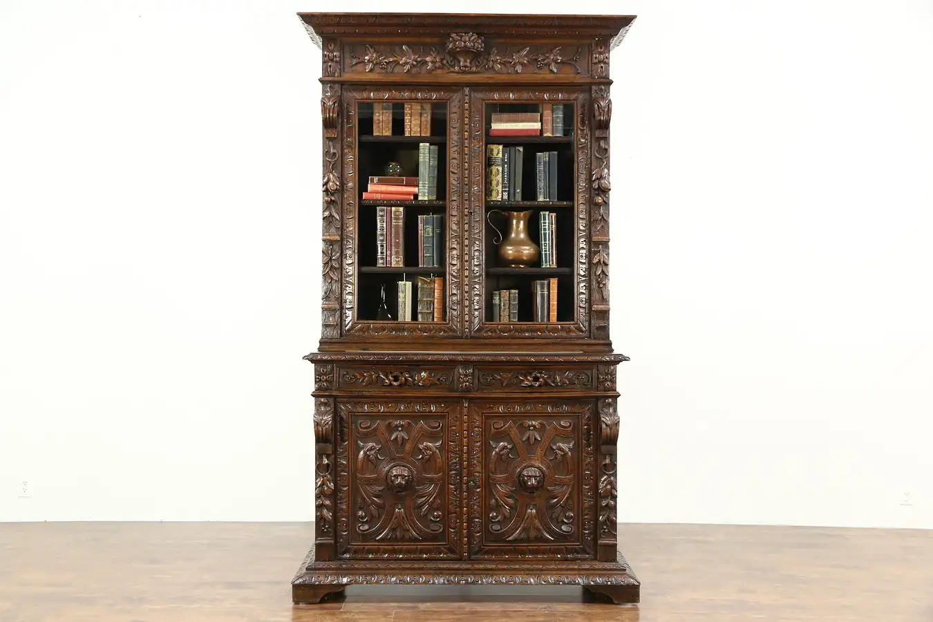 Main image of Black Forest Antique Oak Bookcase or China Cabinet, Carved Grapevines & Lions