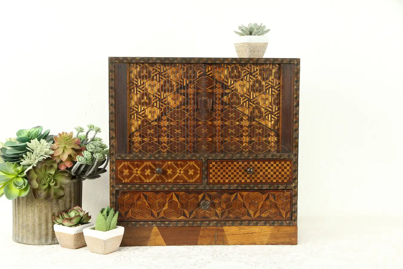 Main image of Japanese Antique Jewelry Chest, Mt. Fuji Marquetry, Rolltop Door