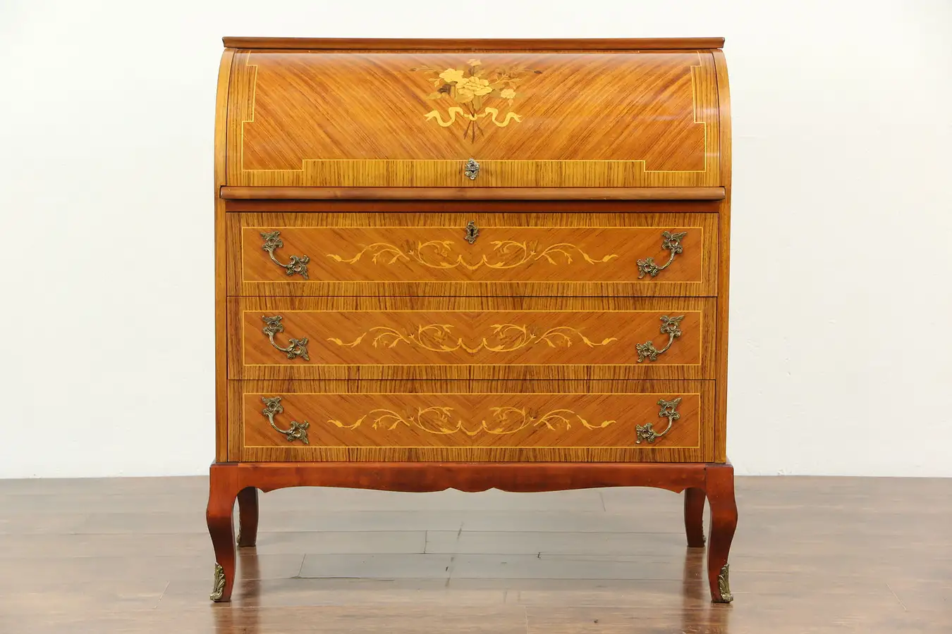 Main image of Marquetry Scandinavian Vintage Cylinder Roll Top Desk
