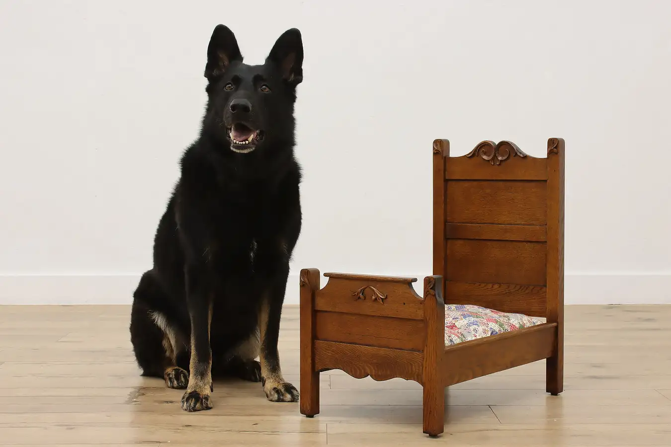 Main image of Victorian Antique Carved Oak Doll, Dog or Cat Bed