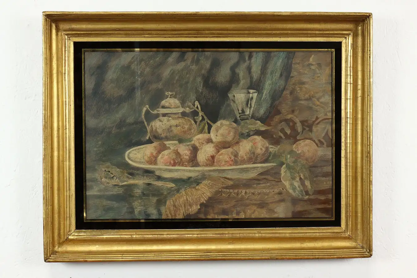 Main image of Still Life & Fruit Antique Original Needlework & Watercolor Painting 31"