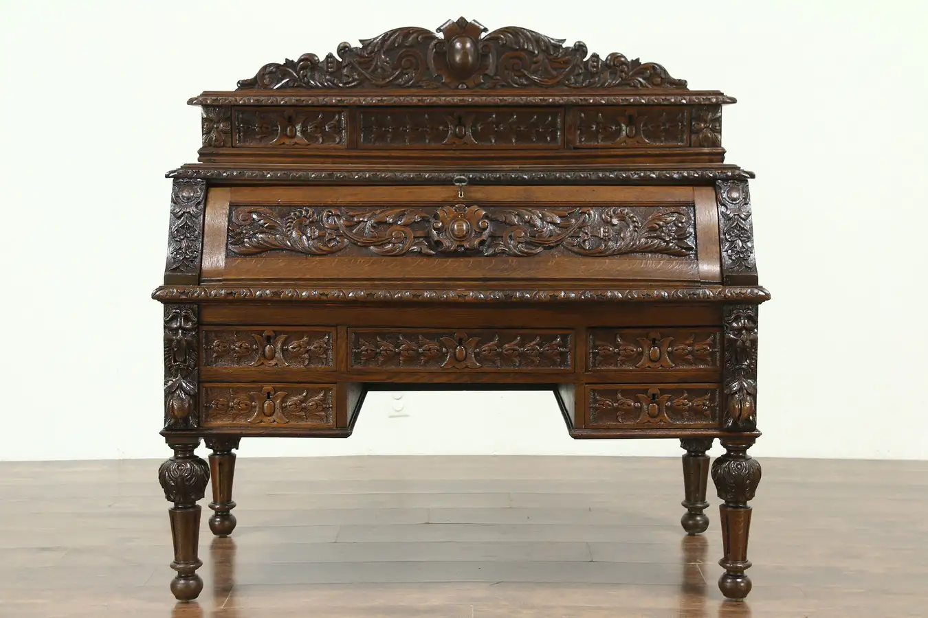 Main image of Black Forest Oak Antique 1890 Desk, Hand Carved Lions & Fruit