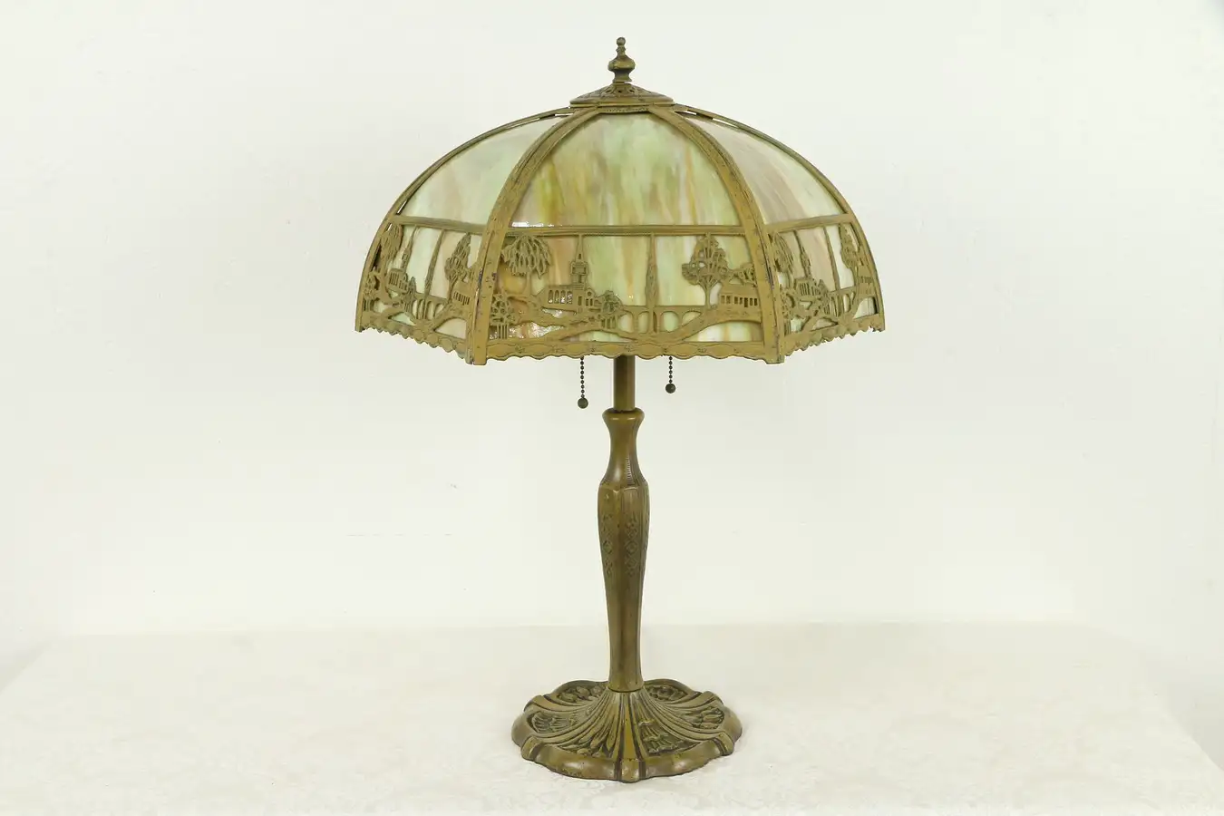 Main image of Curved Stained Glass Antique Panel Lamp, River Town Filigree
