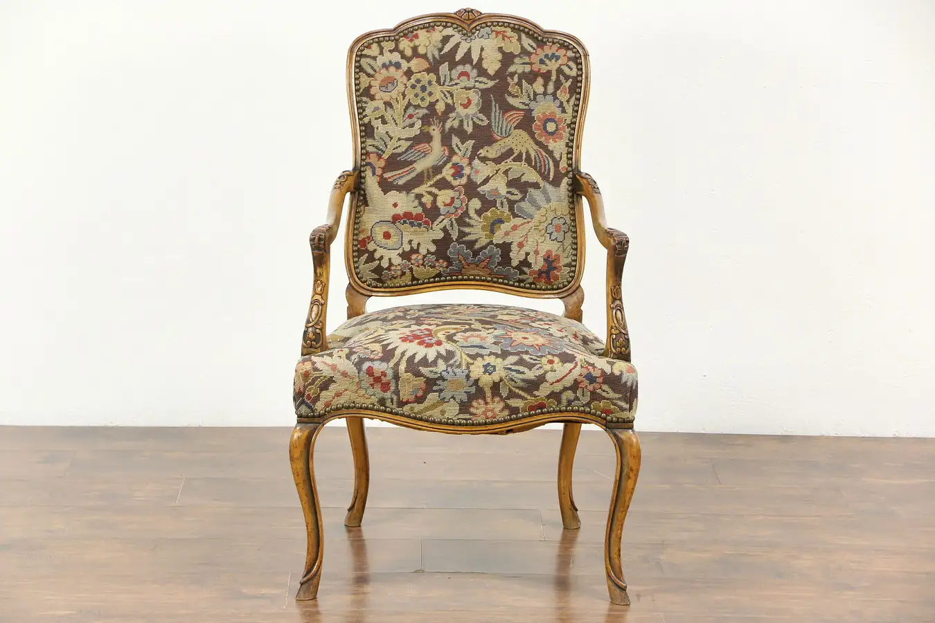 Main image of Carved Antique Scandinavian Chair, Needlepoint & Petit Point Upholstery