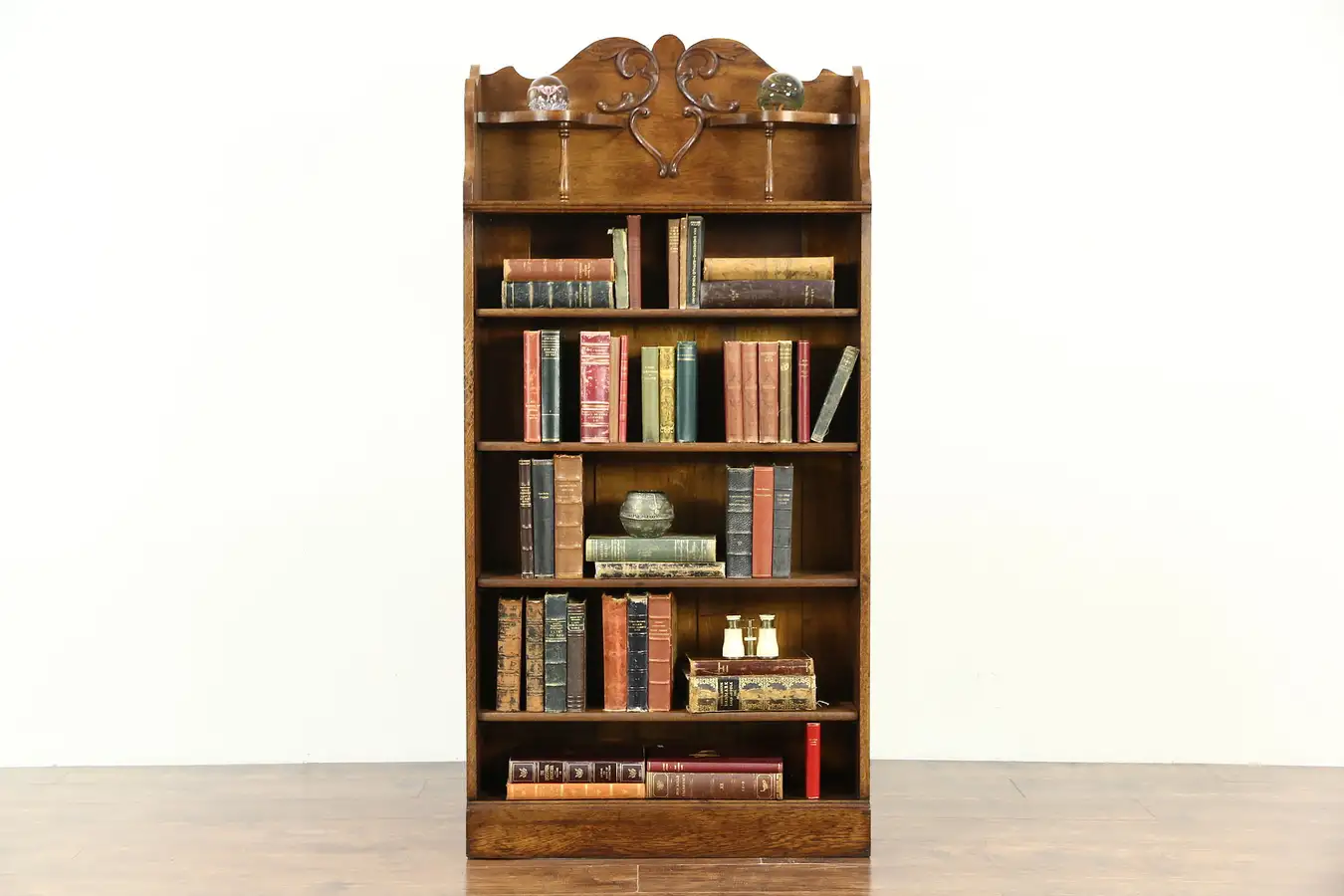 Main image of Victorian 1900 Antique Carved Oak Bookcase or Bath Cabinet, Adjustable Shelves