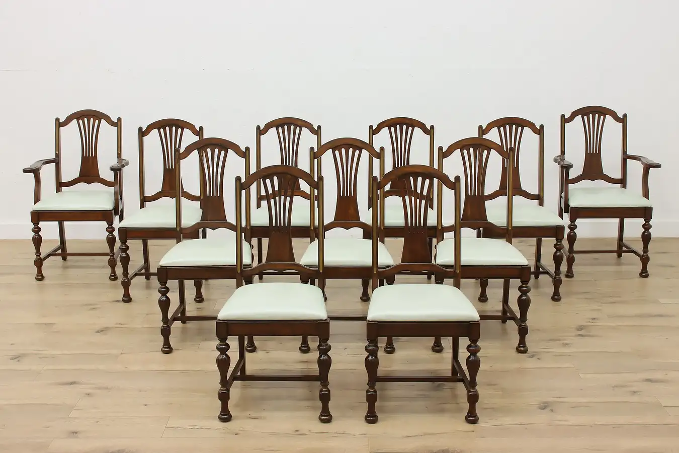 Main image of Set of 11 Tudor Design Antique Walnut & Leather Dining Chairs