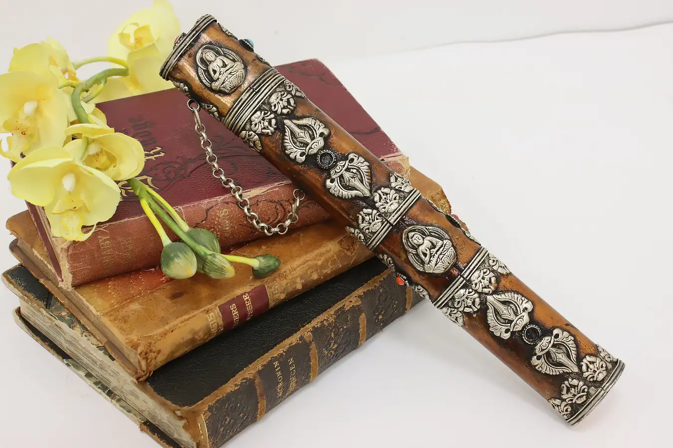 Main image of Tibetan Vintage Silver & Copper Incense Stick Case & Chain