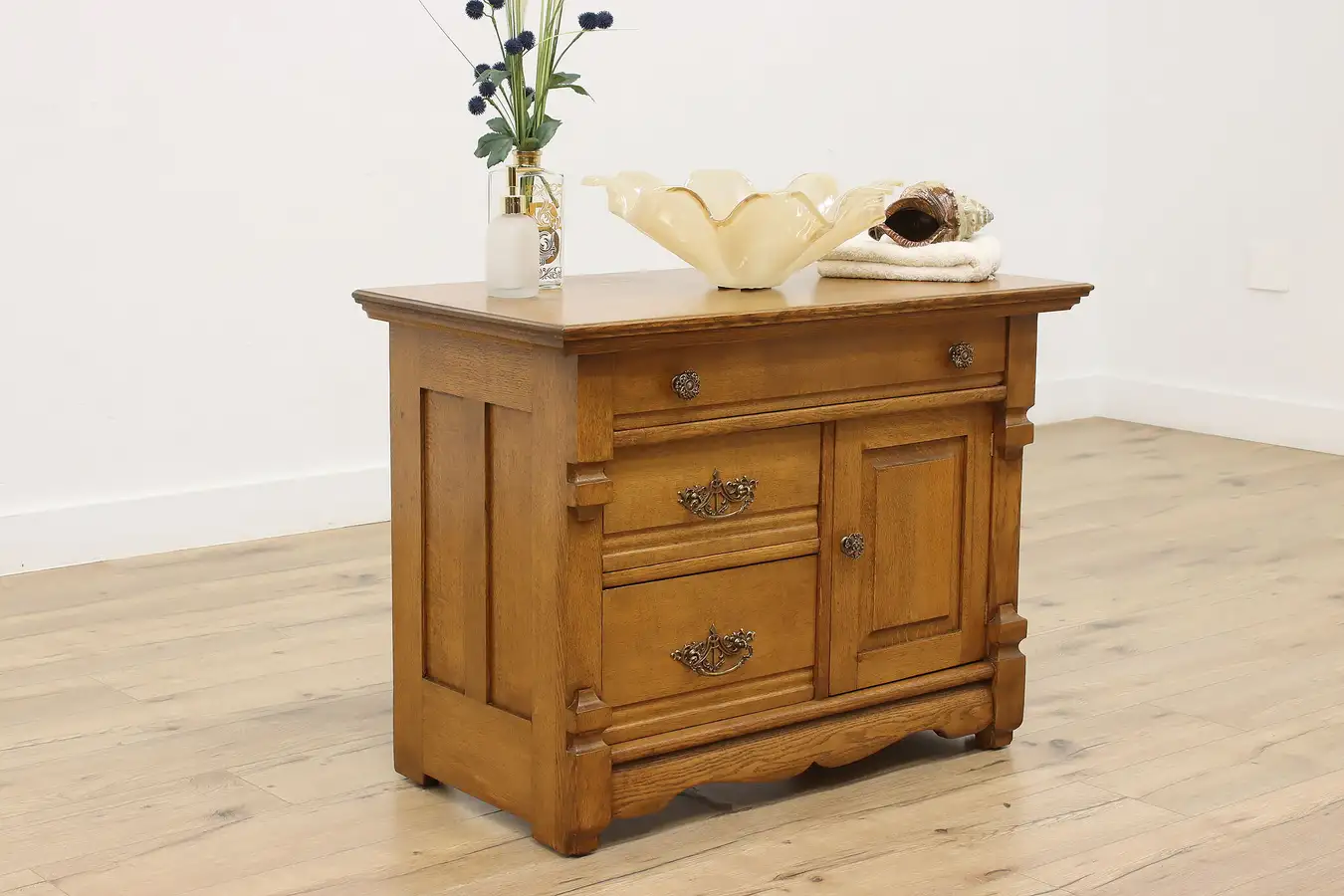 Main image of Victorian Antique Carved Oak Nightstand Hall or Bath Chest