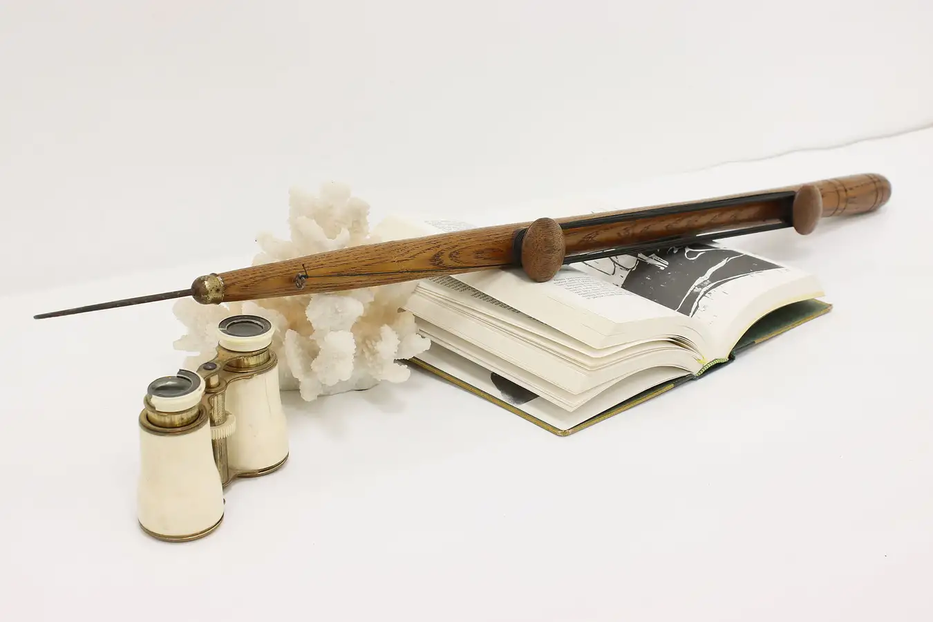 Main image of Farmhouse Antique Oak Fishing Tip Up Rod & Ice Pick