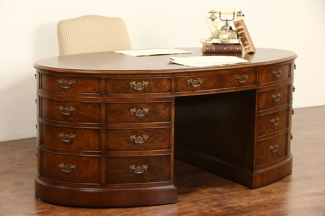 Main image of Oval Walnut Burl Vintage Library or Office Partner Desk, File Drawers, 6' Long