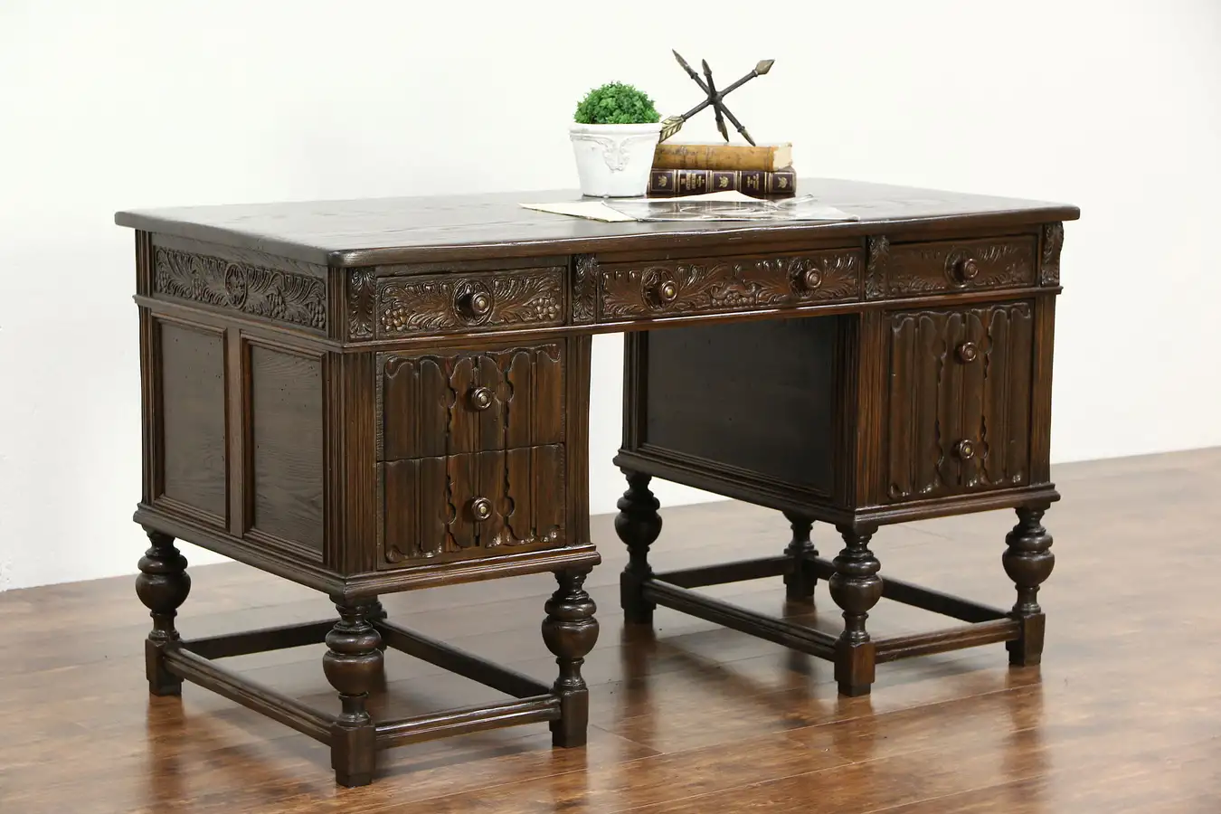 Main image of English Tudor 1920's Antique Carved Chestnut Library Desk, Linenfold Panels