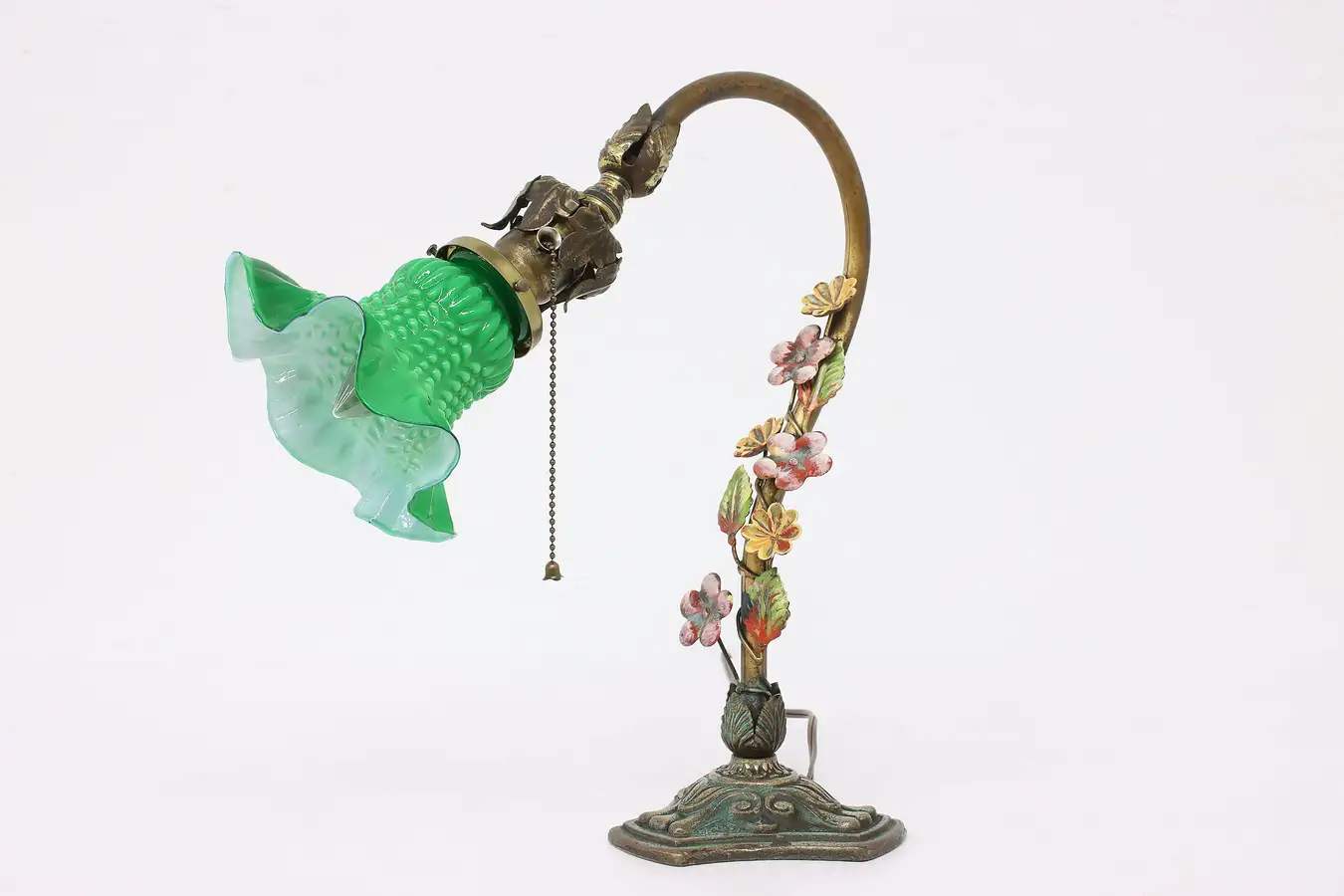 Main image of Victorian Antique Cast Iron Office or Library Desk Lamp, Enameled Flowers