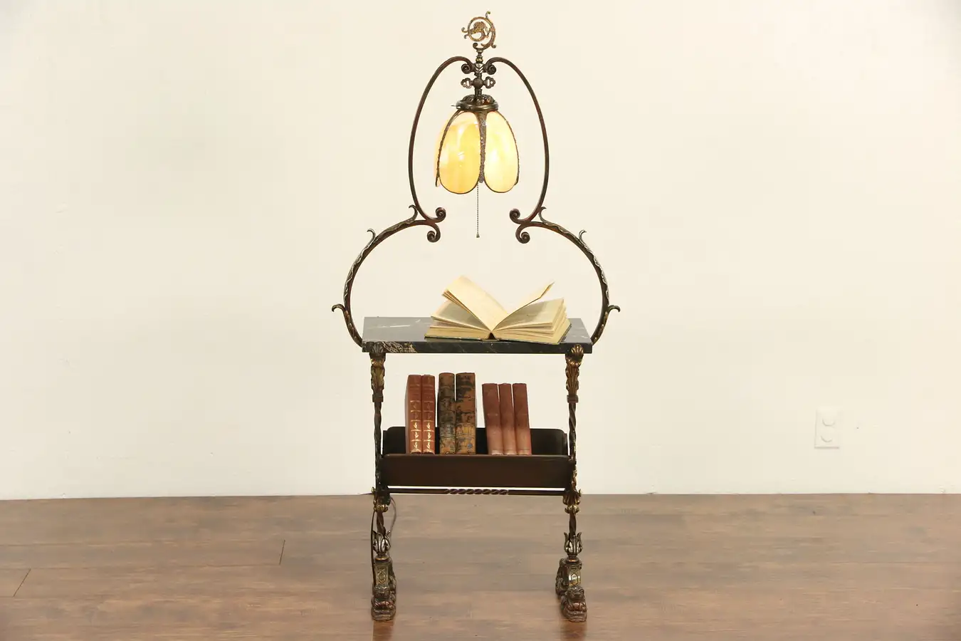 Main image of Wrought Iron & Marble 1915 Antique Lamp Table & Bookshelf, Lion Feet