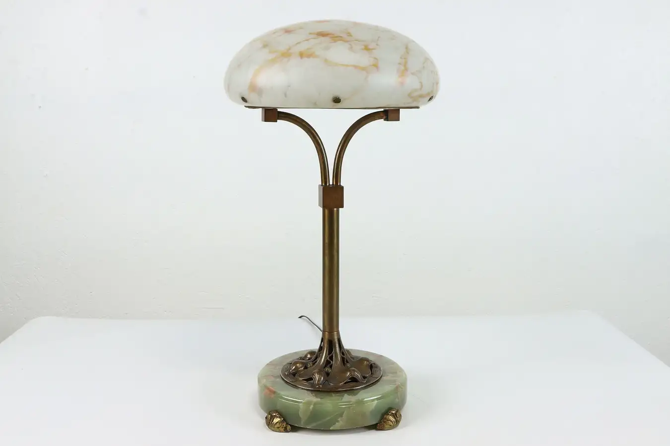 Main image of Art Nouveau Antique Lamp, Onyx & Brass Base, Art Glass Shade