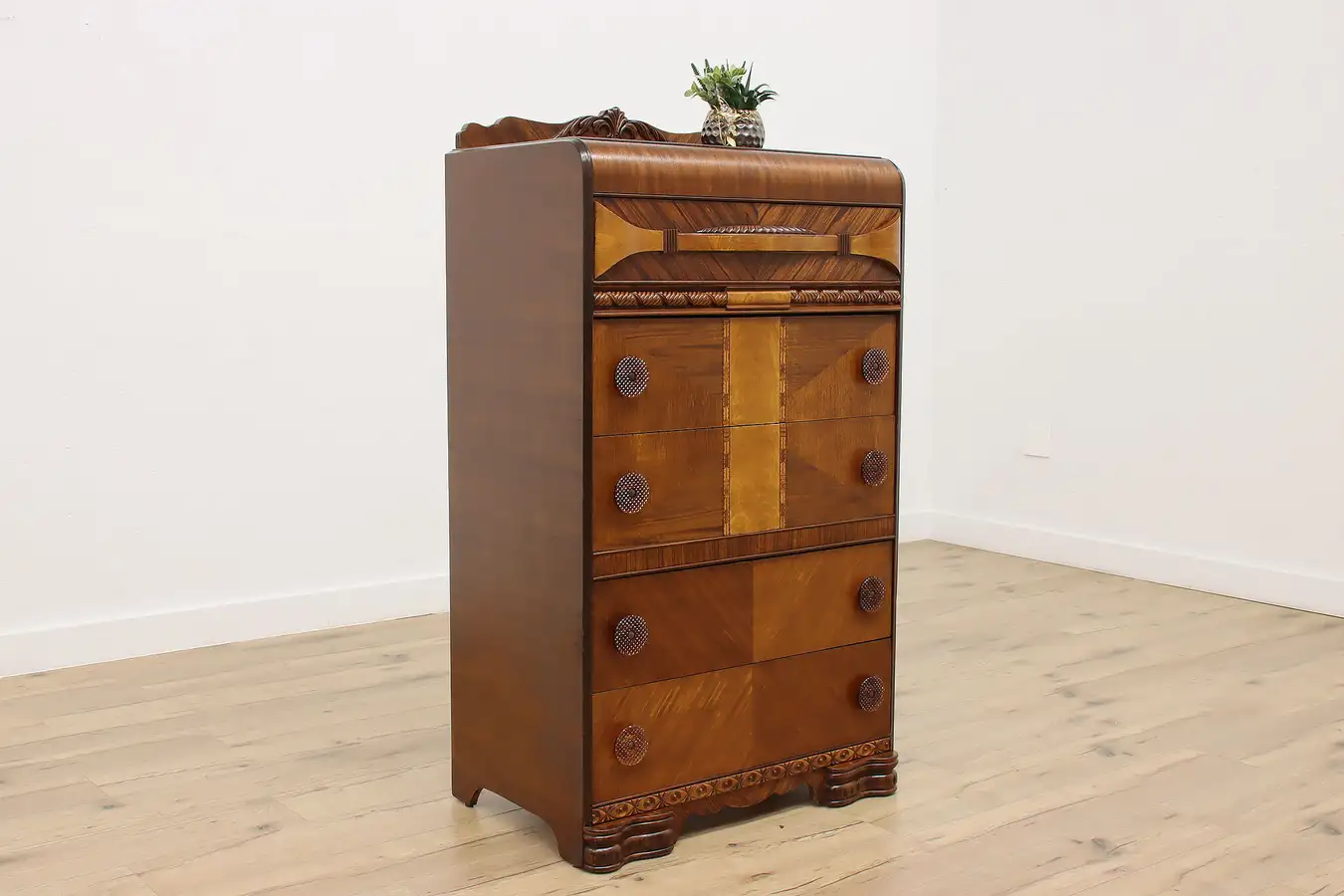 Main image of Art Deco Vintage Waterfall Walnut Tall Dresser, Glass Knobs