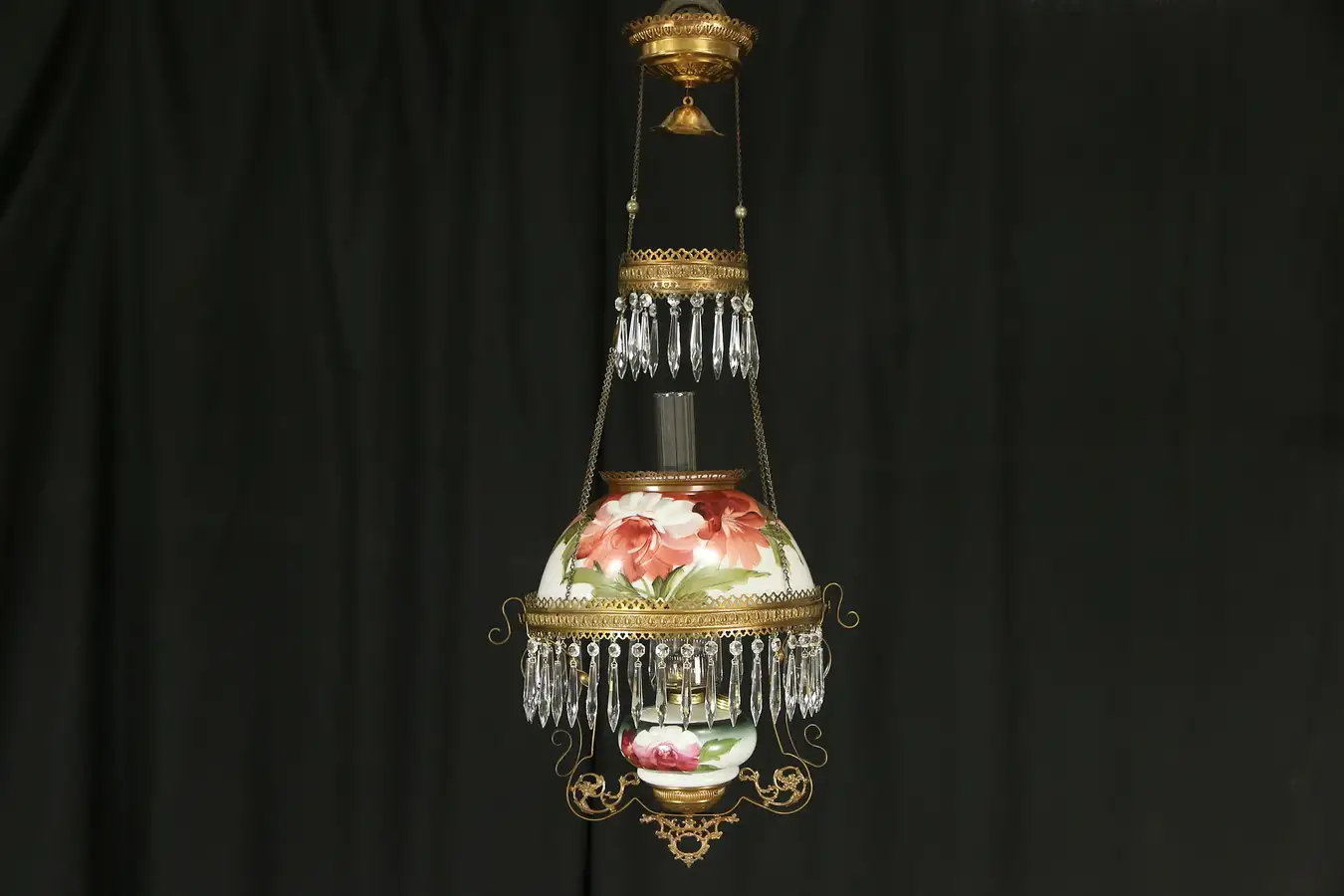 Main image of Victorian 1880 Antique Kerosene Light Hanging Oil Lamp, Hand Painted Roses
