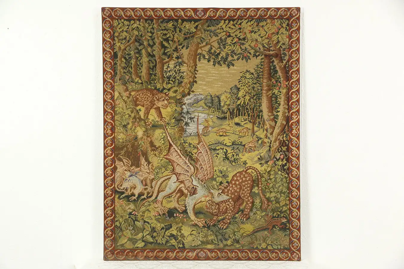 Main image of Needlepoint Vintage Tapestry, Leopards & Dragons, Belgium