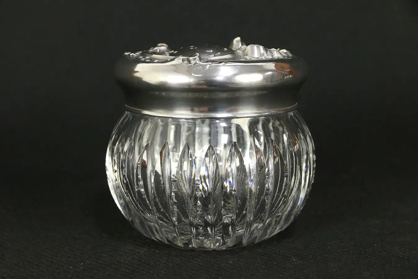Main image of Victorian Antique Cut Glass Boudoir Jar, Sterling Silver Lid with Poppies