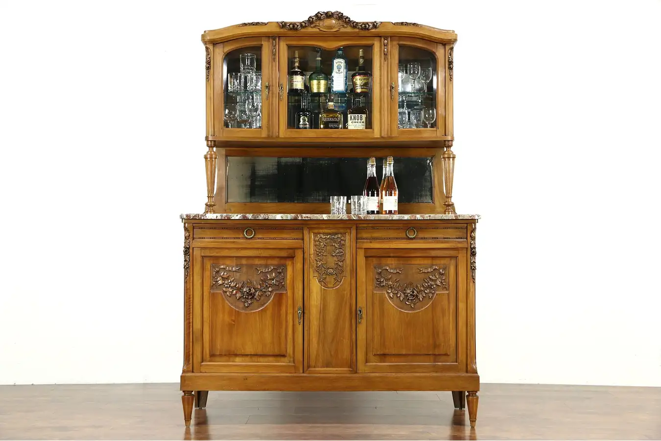 Main image of French Antique Carved Sideboard & China Cabinet, Marble Top, Beveled Glass