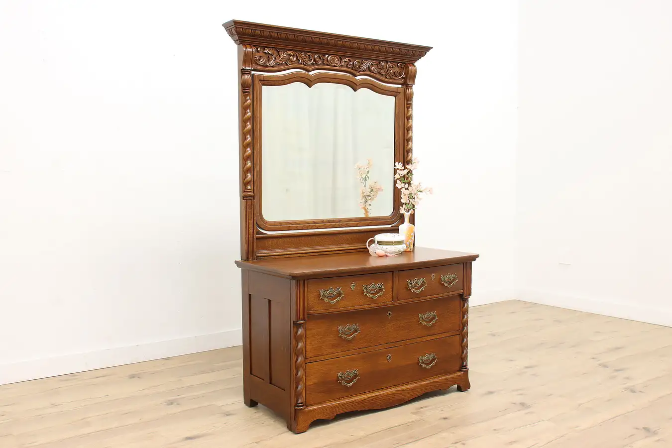 Main image of Victorian Antique Carved Oak 4 Drawer Chest or Dresser with Mirror