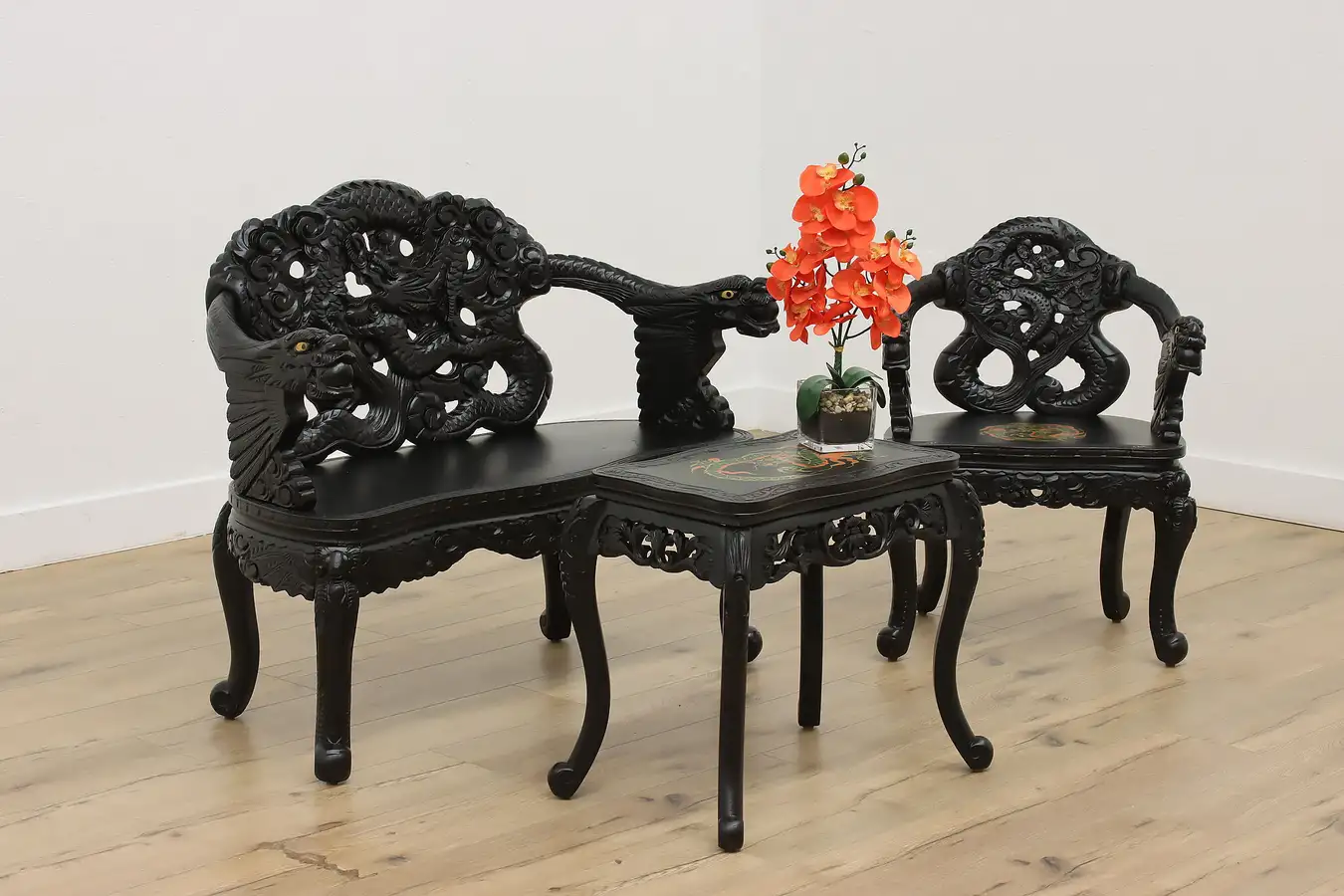 Main image of Chinese Vintage Carved 3 Pc Parlor Living Room Set Dragons