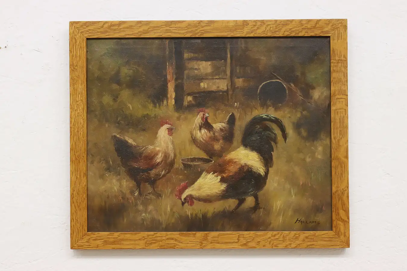 Main image of Farmyard Chickens Antique Original Oil Painting Hallam 22.5"