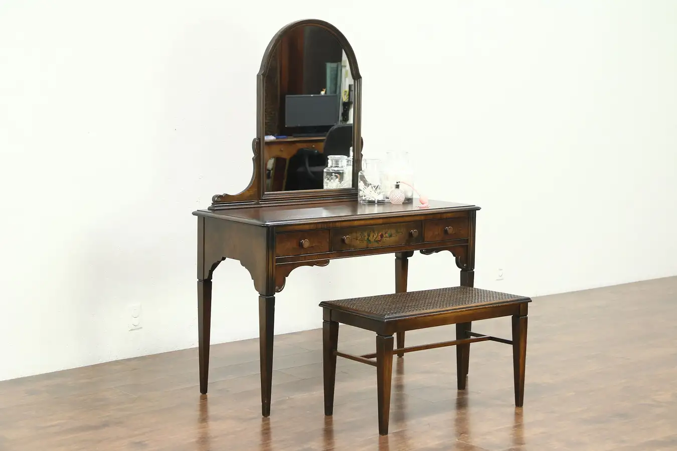 Main image of Vanity or Dressing Table Desk & Bench, 1930 Vintage Hand Painted Walnut, Sligh