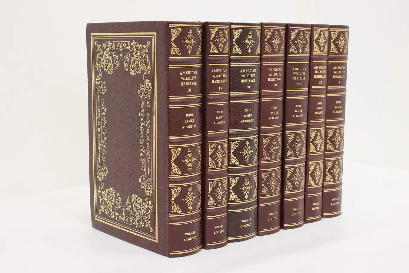 Main image of Set of 7 Vintage Leather, Gold Embossed Audubon Books Volair