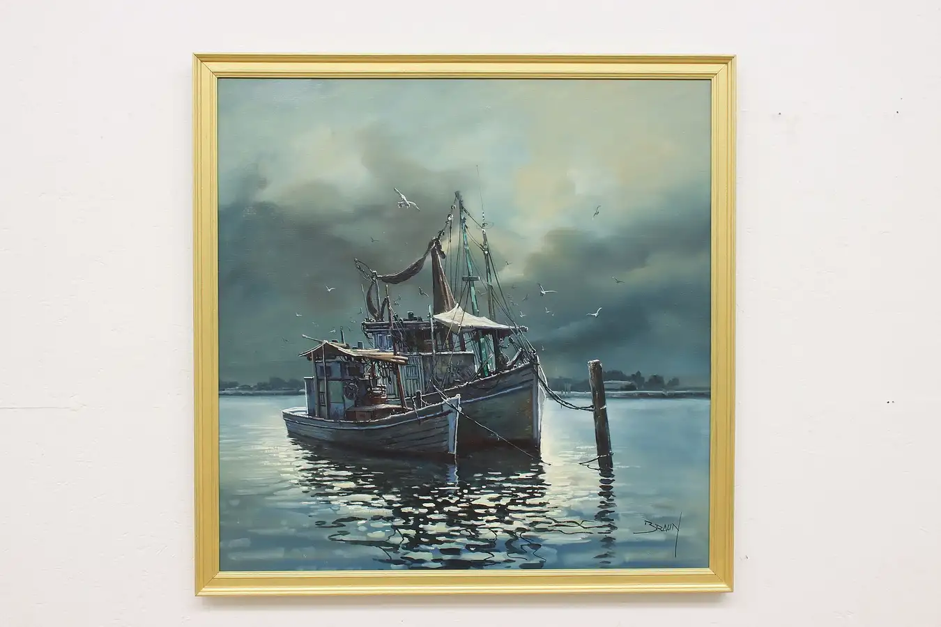 Main image of Fishing Boats in Harbor Vintage Oil Painting, Tarallo 39"