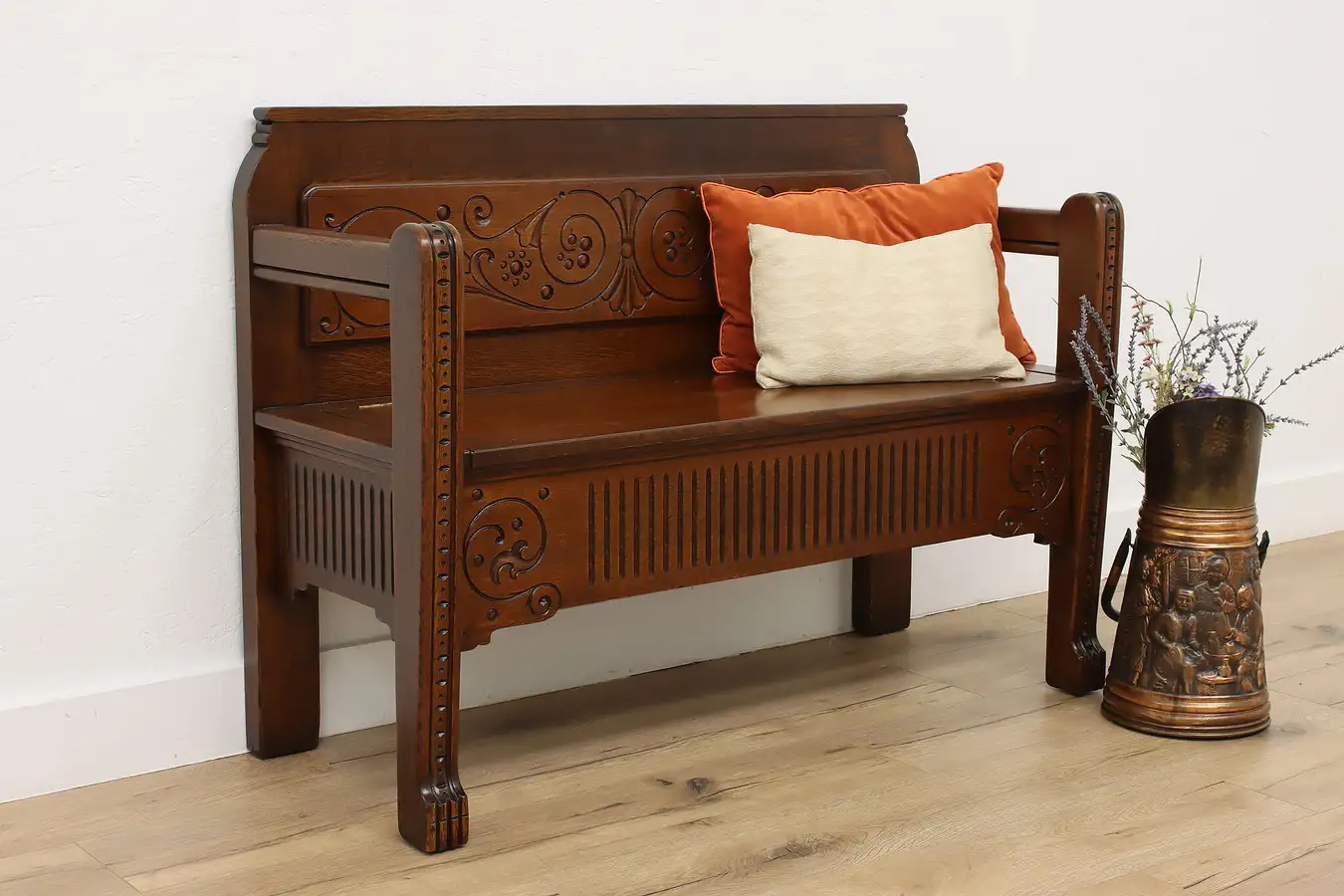 Main image of Folk Art Carved Oak Antique Lift Lid Hall Bench