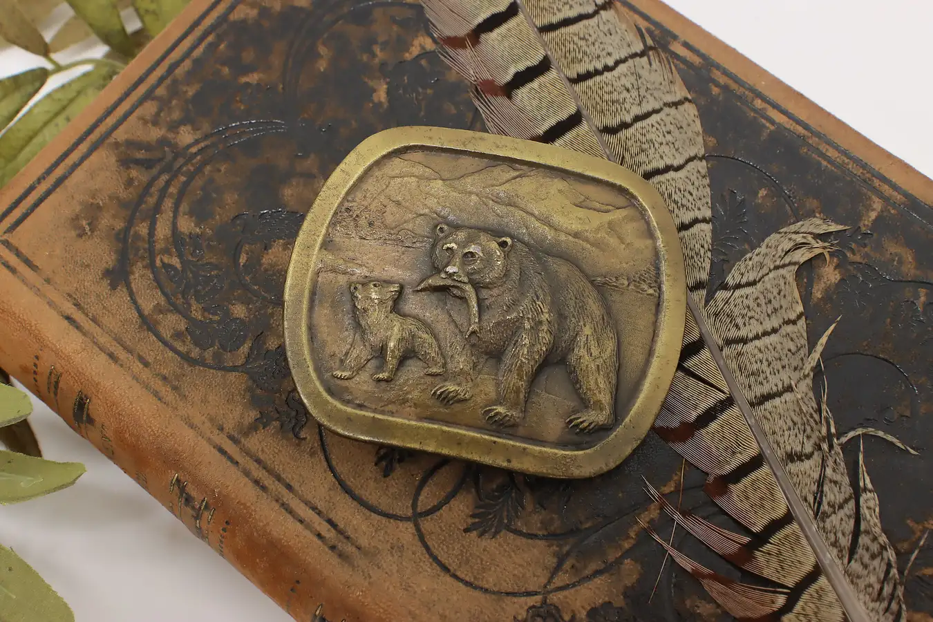 Main image of Bears & Mountain Scene Vintage Brass Belt Buckle, Indiana
