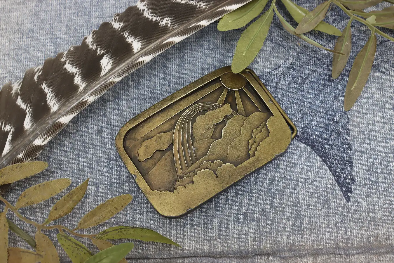 Main image of Sun & Rainbow Scene Vintage Brass Belt Buckle, Indiana