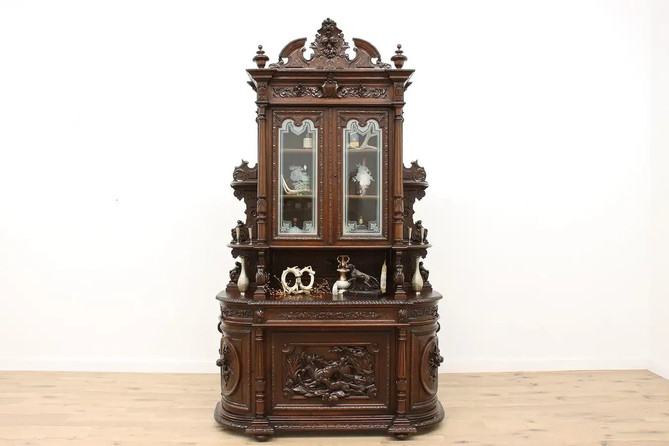 Main image of Black Forest Antique Carved Oak Game Hunt Board, Bar Cabinet, Stag