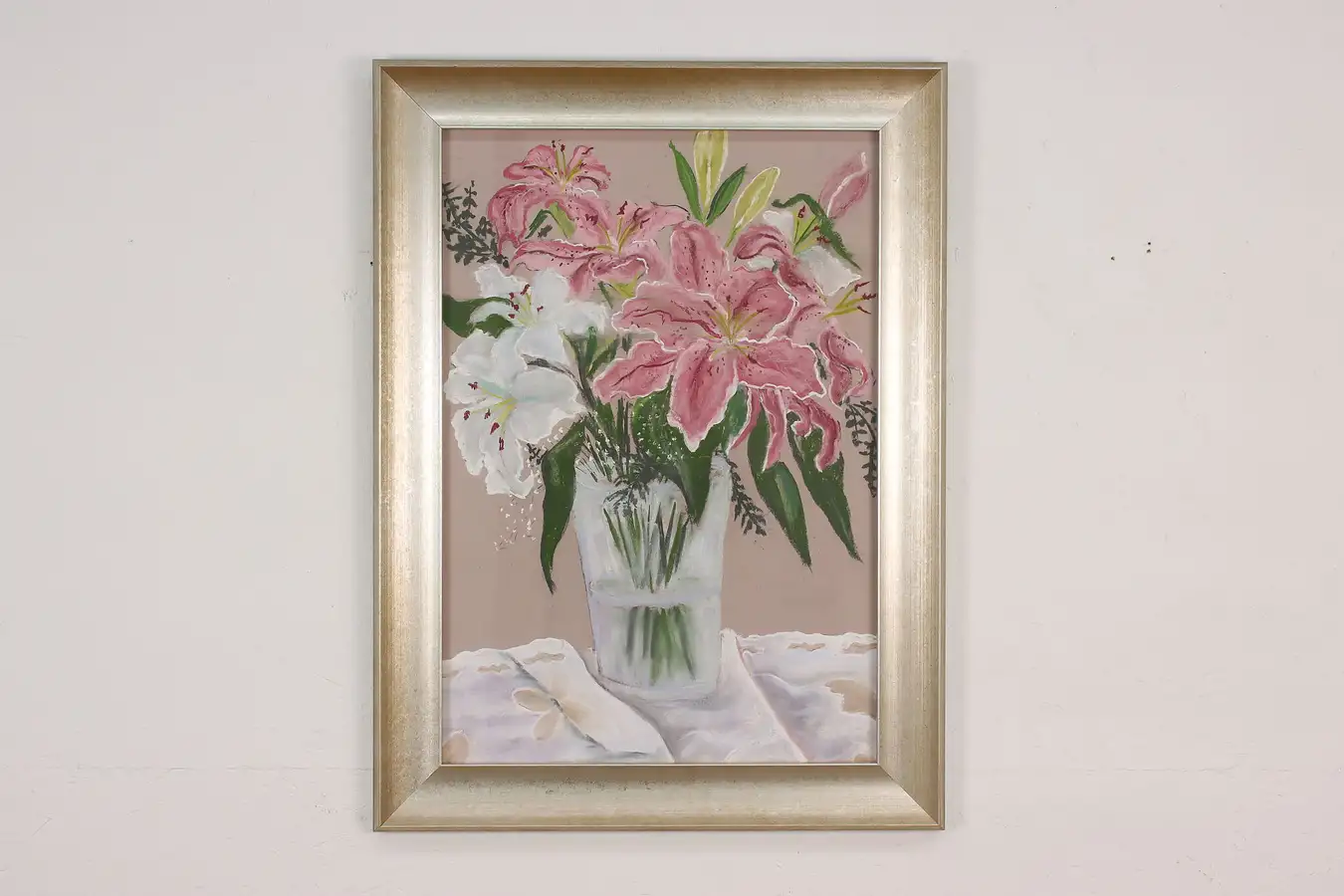 Main image of Lily Flowers Vintage Original Oil & Pastel Painting 31.5"