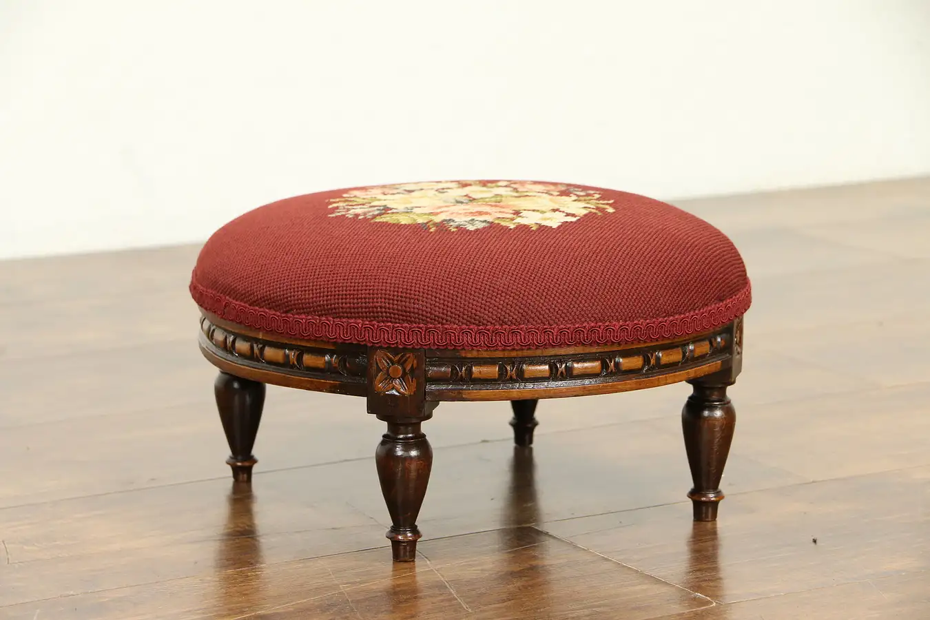 Main image of Victorian Antique Carved Round Footstool, Needlepoint Upholstery
