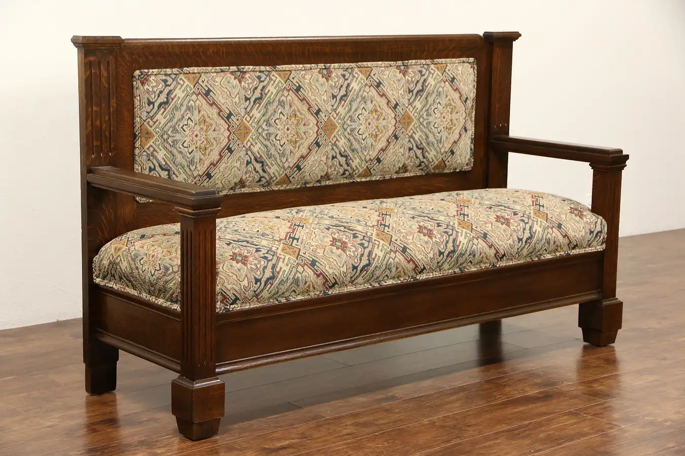 Main image of Oak 1900 Antique Hall Bench or Settee, New Upholstery