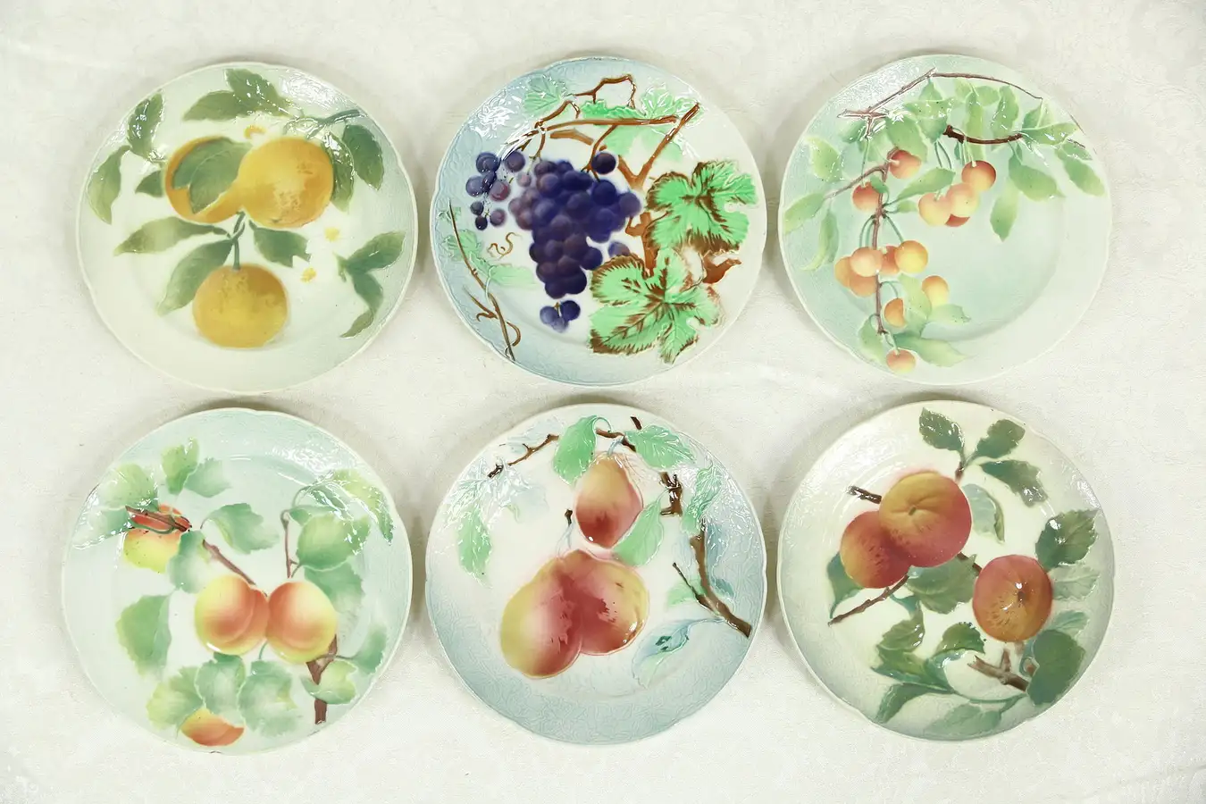 Main image of Set of Six Majolica Hand Painted Fruit Plates, 8 1/2", K. G. Clement France