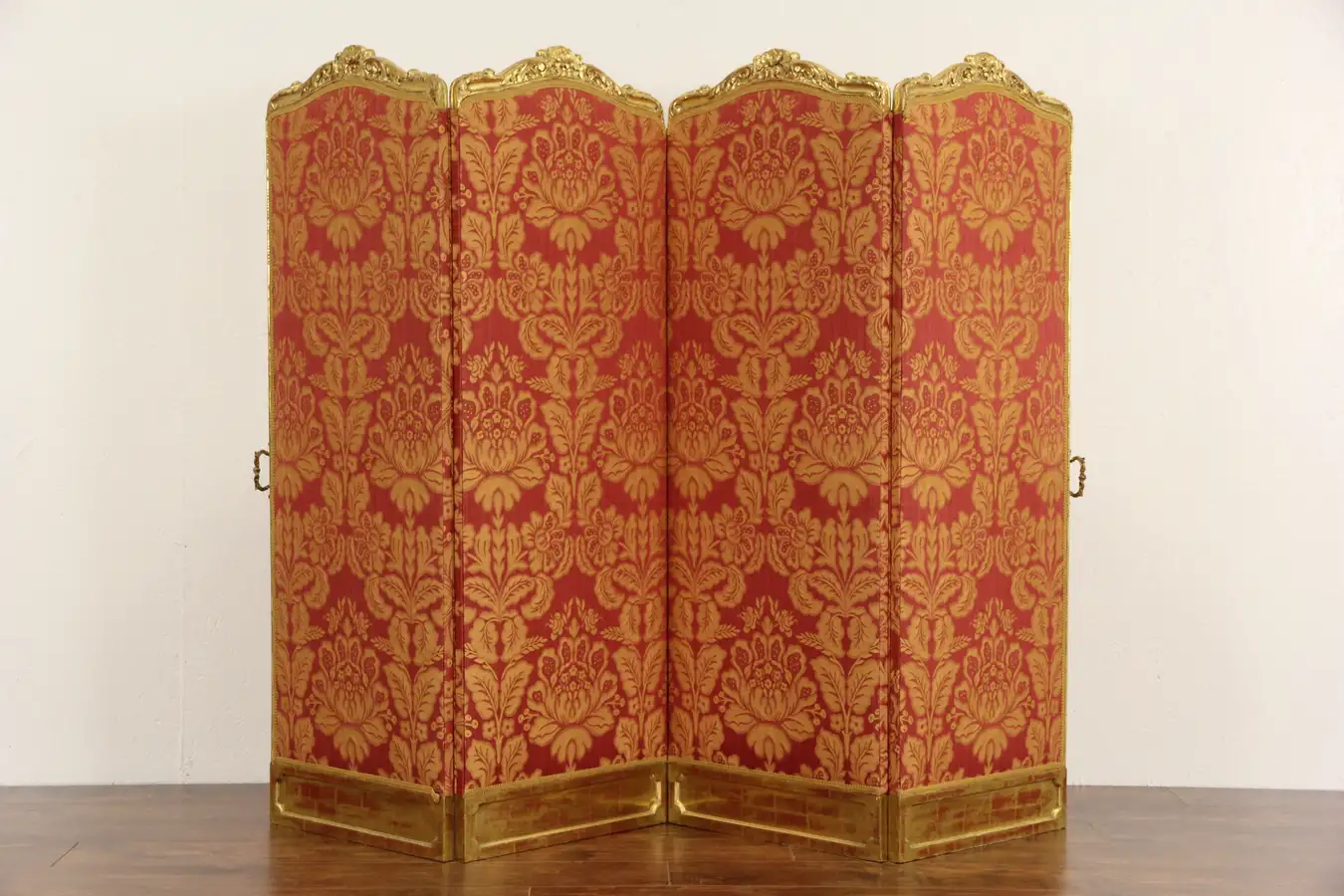 Main image of French Gold Leaf 1890 Antique Screen, Four Damask Panels