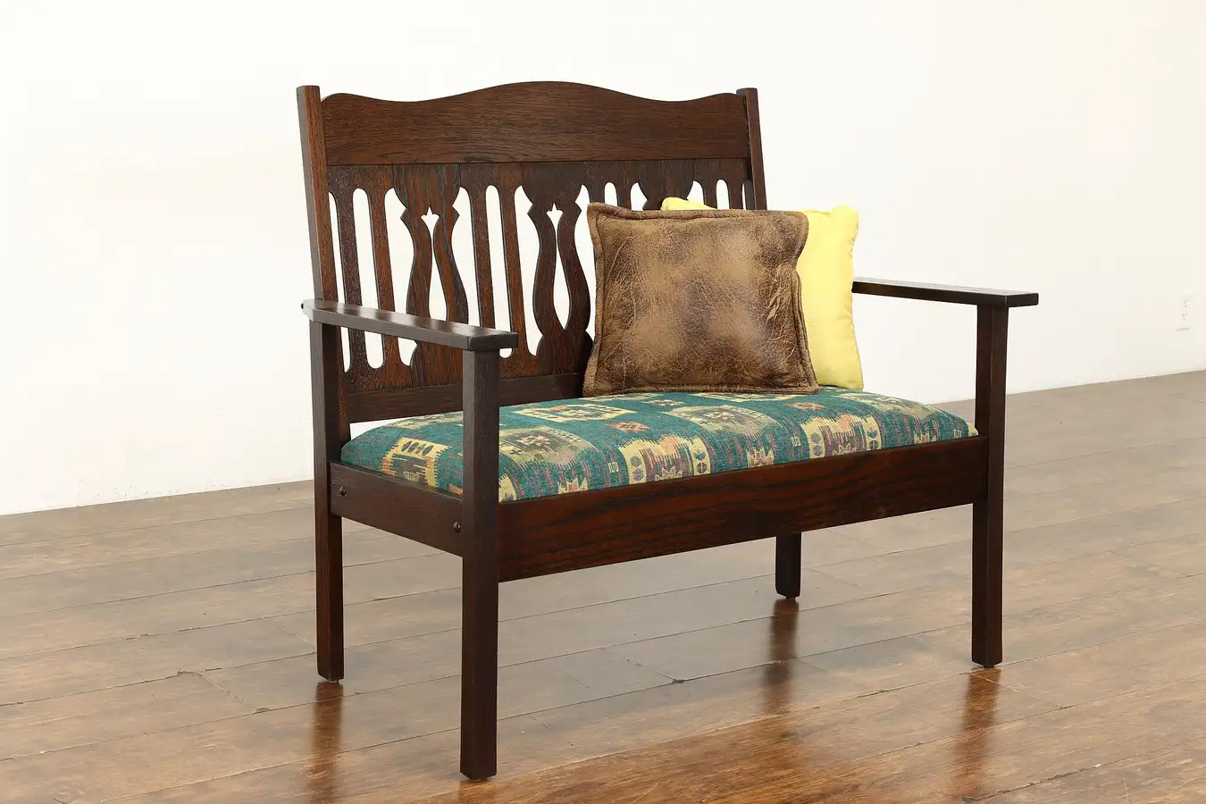 Main image of Arts & Crafts Mission Oak 1910 Antique Craftsman Hall Bench Loveseat