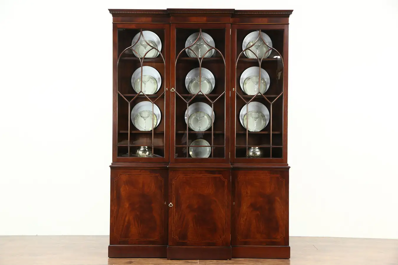 Main image of Baker Signed Vintage Breakfront China Display Cabinet or Bookcase, Convex Glass