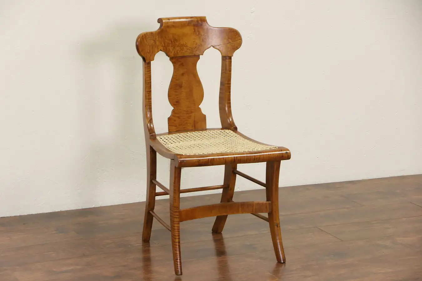 Main image of Fiddle Back 1840's Antique Curly Birdseye Maple New England Chair, New Caning