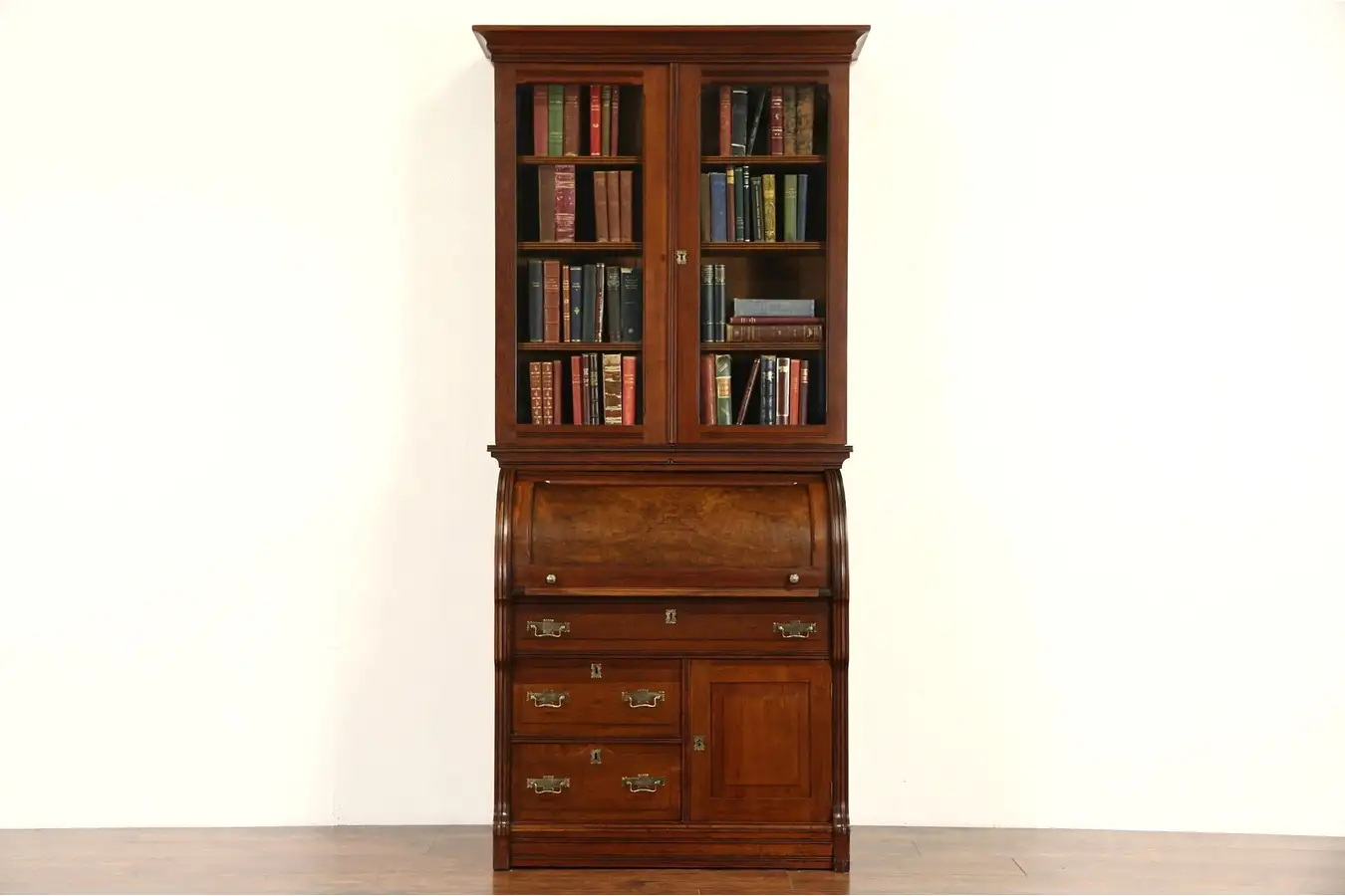 Main image of Victorian Eastlake 1880's Walnut Cylinder Roll Top Secretary Desk & Bookcase