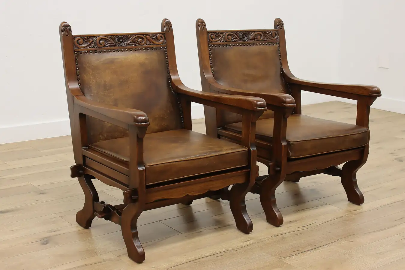 Main image of Pair of English Tudor Vintage Oak & Leather Lounge Chairs
