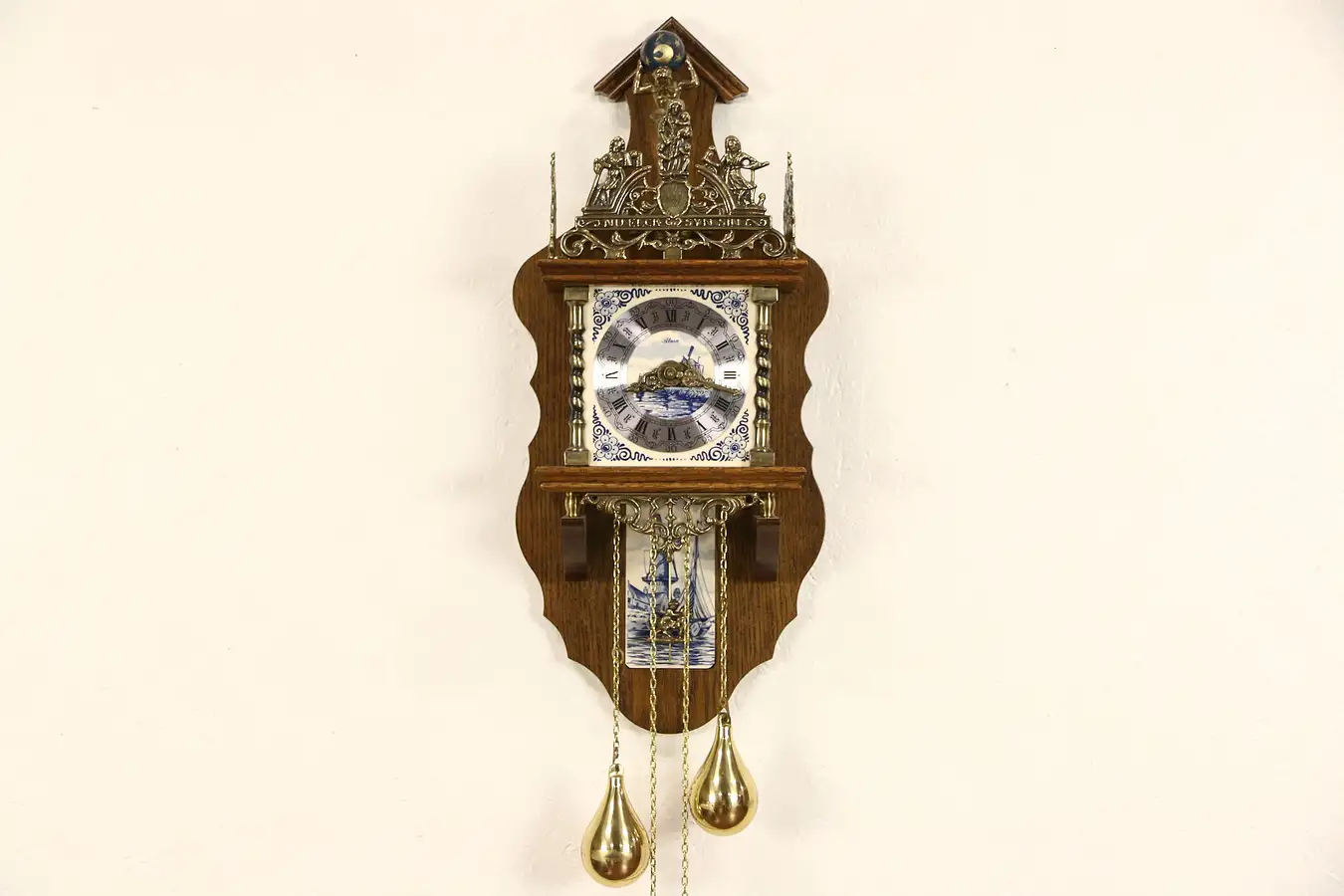 Main image of Dutch Vintage Wall Clock, Blue Delft Tiles & Atlas Figure, Signed Alma & Hermle