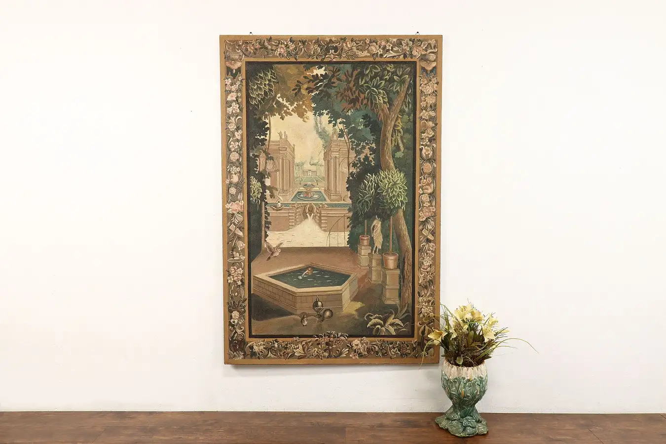 Main image of Neoclassic Design Vintage Tapestry Painting Garden Scene, Maitland Smith