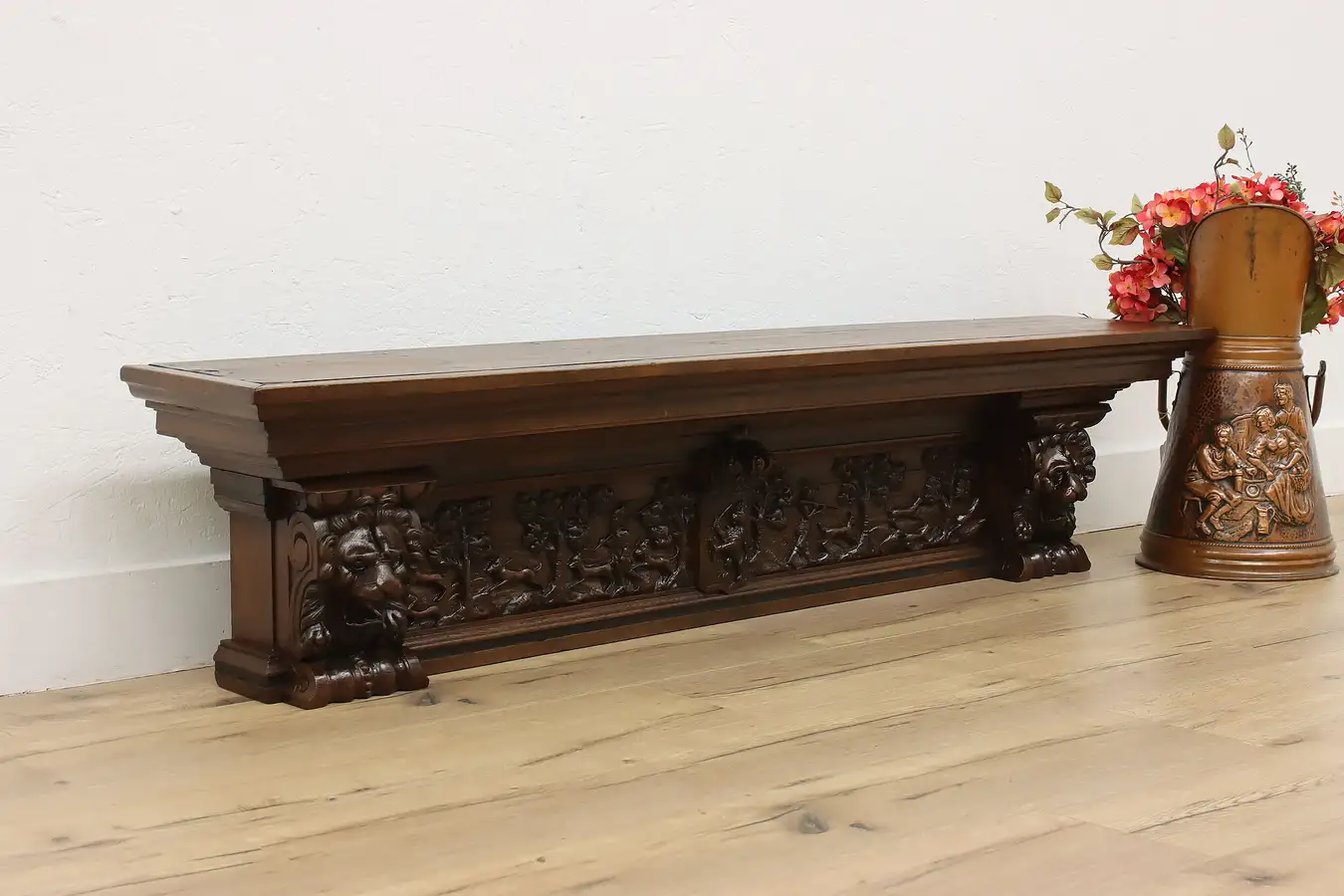 Main image of Renaissance Antique 5' Oak Mantel, Wall Shelf Carved Lions