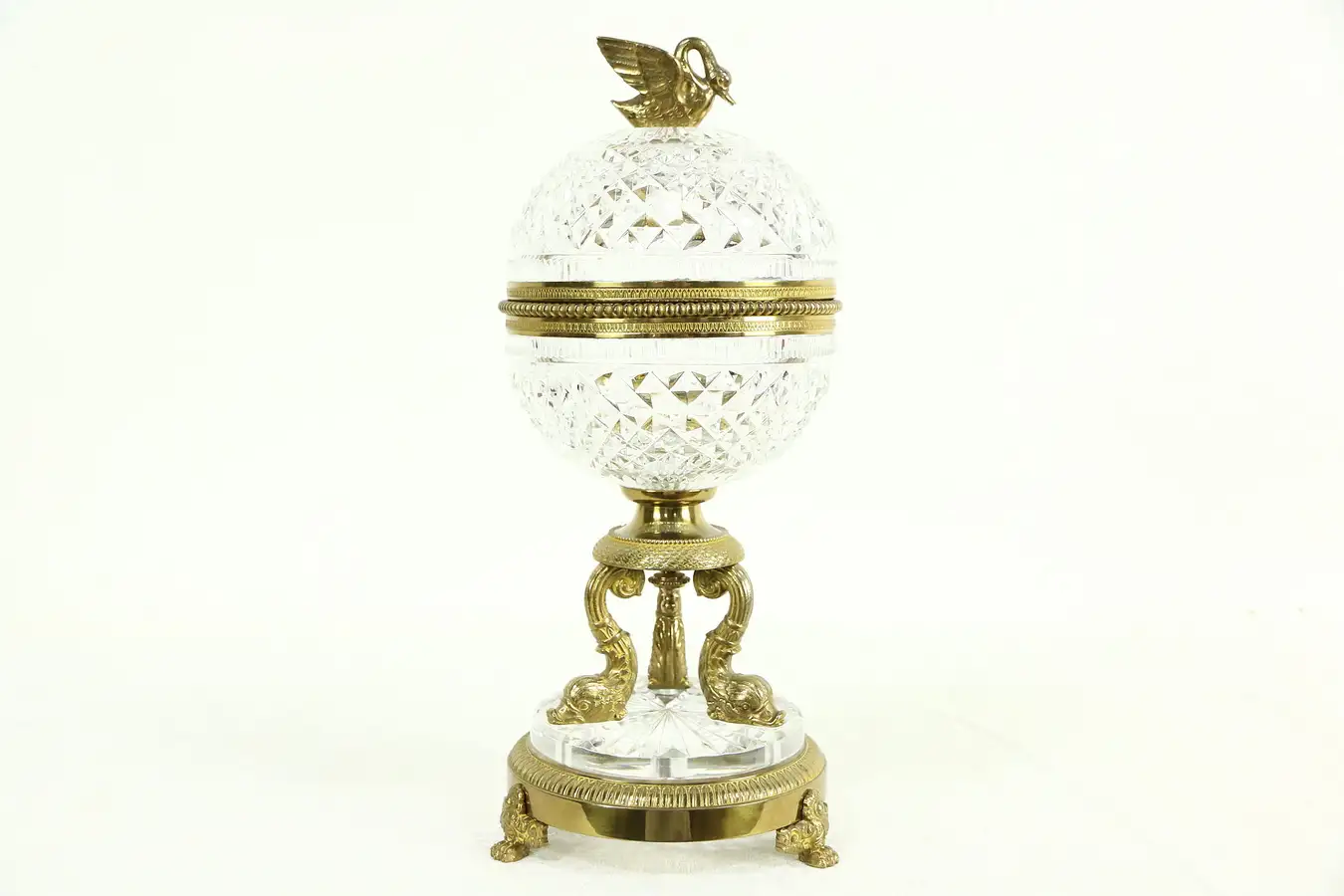 Main image of Brass & Crystal Vintage Candy Jar with Swan & Dolphins
