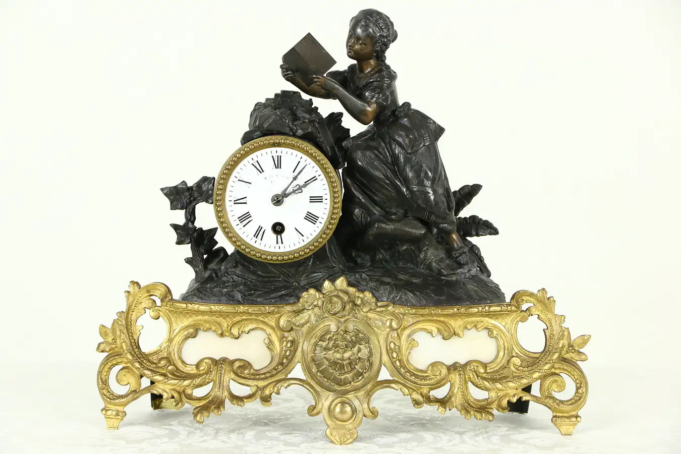 Main image of French Antique 1880's Bronze & Marble Mantel Clock, Pewter Statue of a Girl
